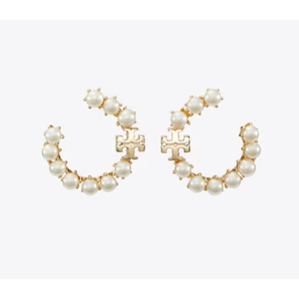 NEW Tory Burch Kira Pearl Loop Earrings Gold Logo 18K Gold Plated Pouch Included